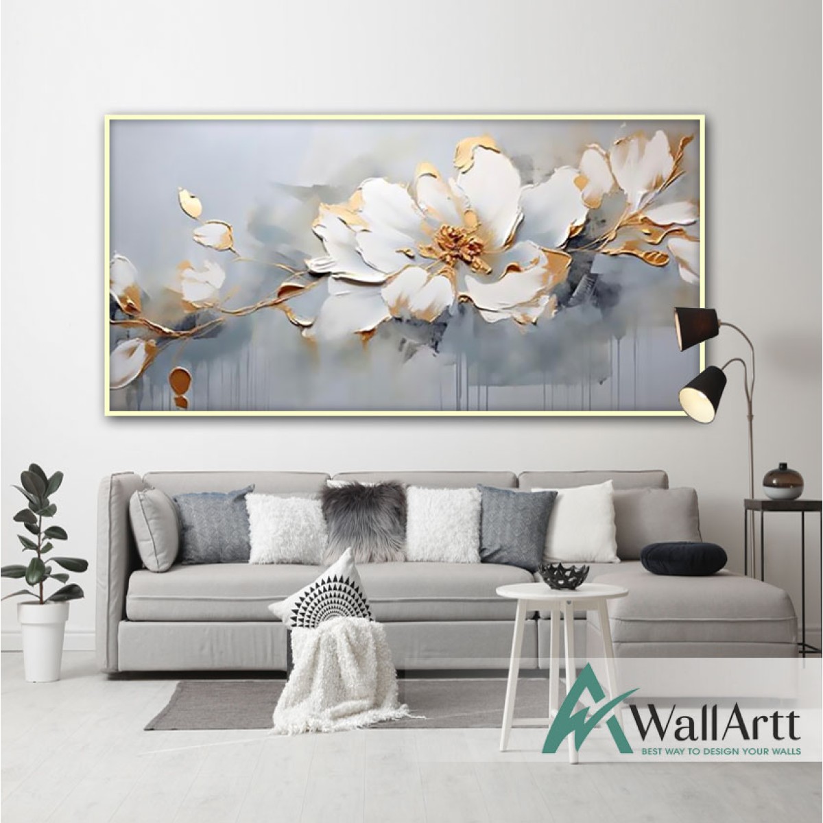 Golden White Flower Branch Heavy Textured Partial Oil Painting